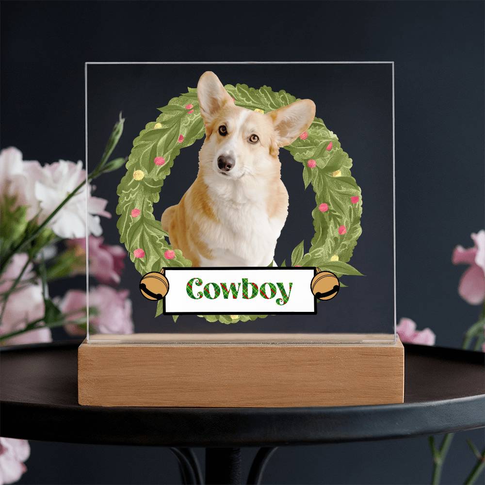 Pet Personalized Holiday Wreath Photo Upload Keepsake Acrylic Plaque with Lighted LED Wooden Base - Mallard Moon Gift Shop