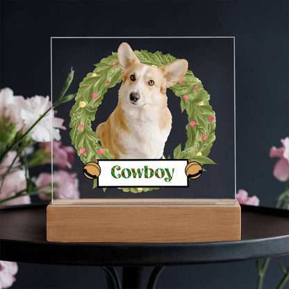 Pet Personalized Holiday Wreath Photo Upload Keepsake Acrylic Plaque with Lighted LED Wooden Base - Mallard Moon Gift Shop
