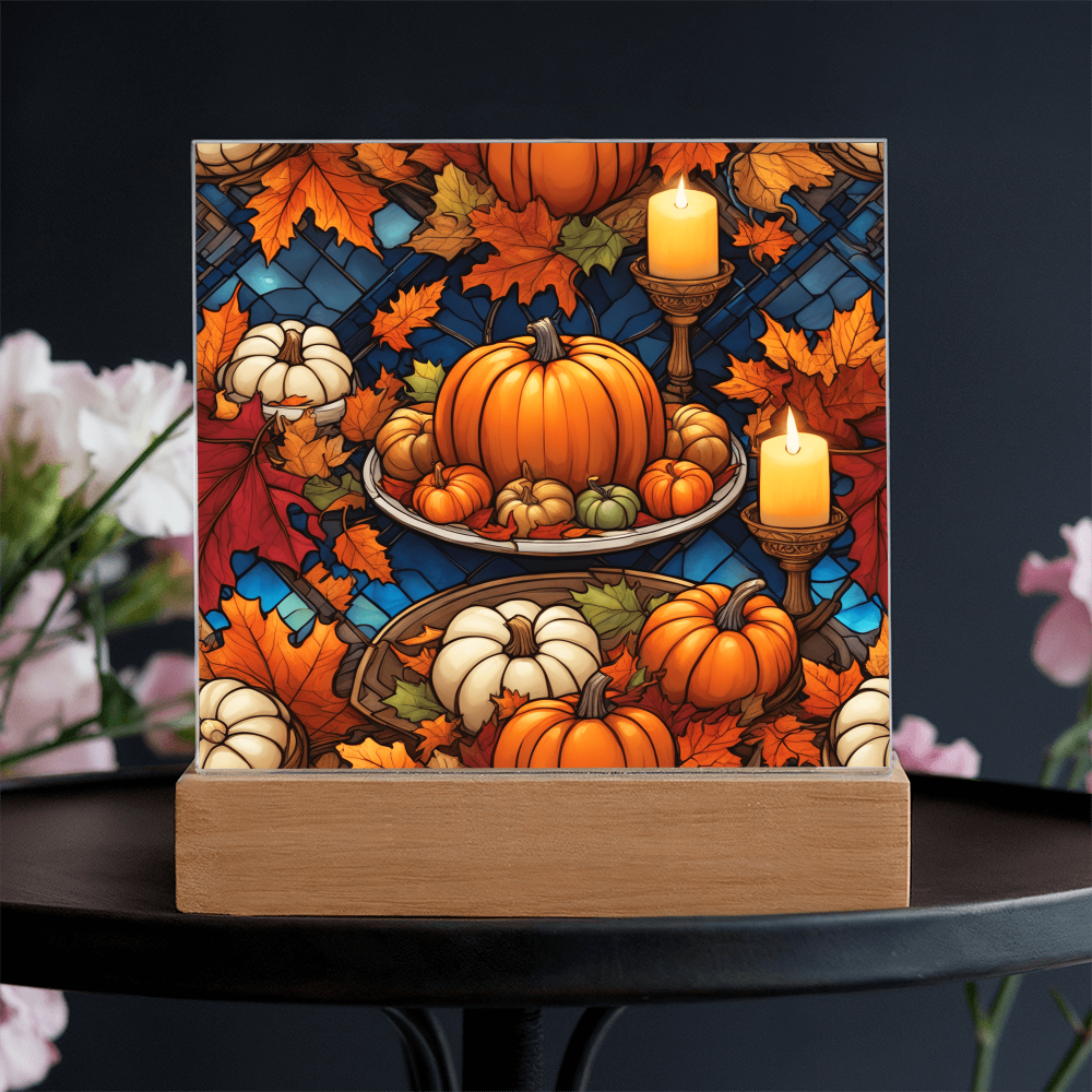 Stained Glass Pumpkin & Candle Acrylic Plaque – Thanksgiving Harvest Centerpiece | Fall Home Décor with LED Light Base