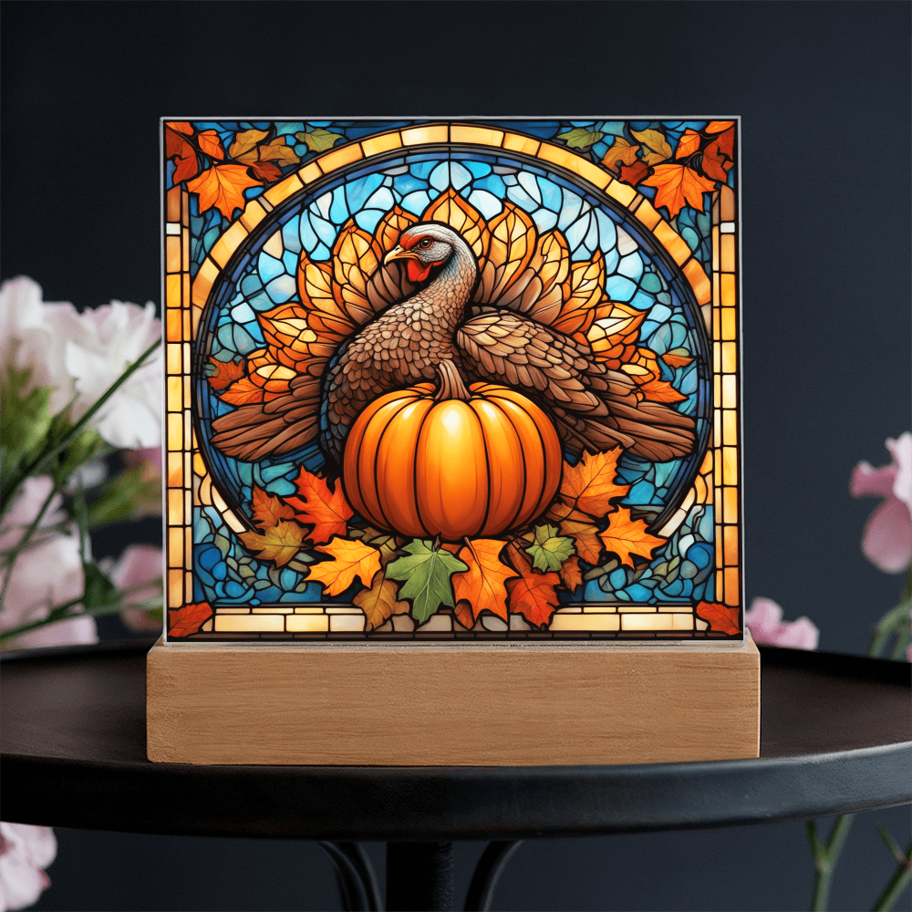 Thanksgiving Stained Glass Turkey Acrylic Plaque – Elegant Fall Home Decor with LED Light Base | Autumn Window Art Inspired Gift