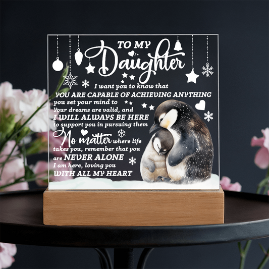 Daughter Penguin Acrylic Plaque – Heartfelt Christmas or Birthday Gift from Mom or Dad | “You Are Capable” LED Light Display