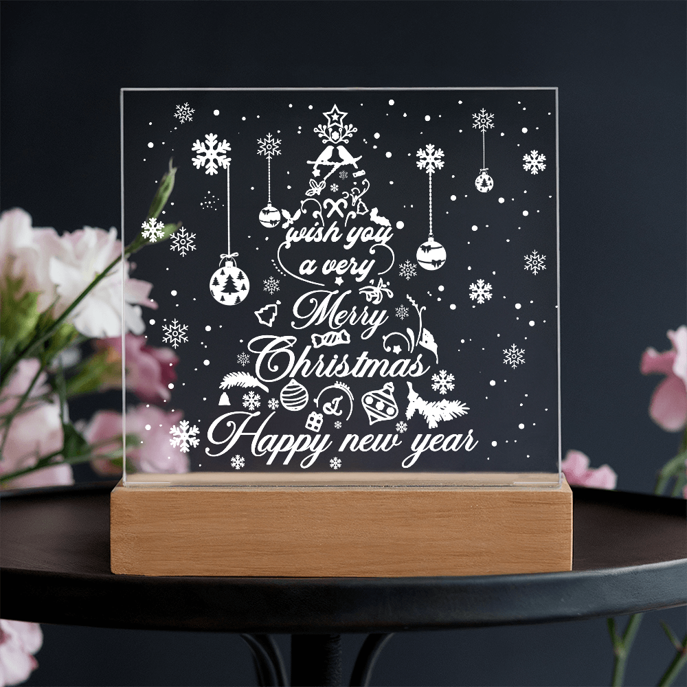 Merry Christmas & Happy New Year Acrylic Plaque – Elegant Holiday LED Light Décor | Festive Tree Design Gift