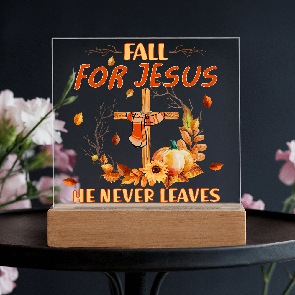 Fall for Jesus Acrylic Plaque – Christian Fall Décor with Cross and Pumpkins | Faith-Based LED Light Display Gift