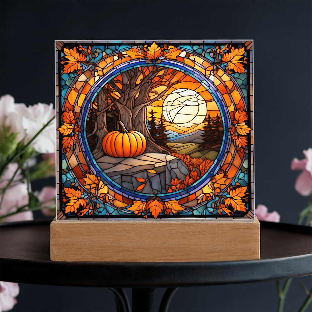 Stained Glass Autumn Pumpkin Sunset Acrylic Plaque – Fall Harvest Home Decor with LED Light Base | Thanksgiving Window Art Accent