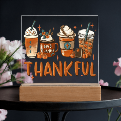 Thankful Coffee Acrylic Plaque – Cozy Fall Décor Gift for Coffee Lovers | “Give Thanks” Autumn LED Light Display