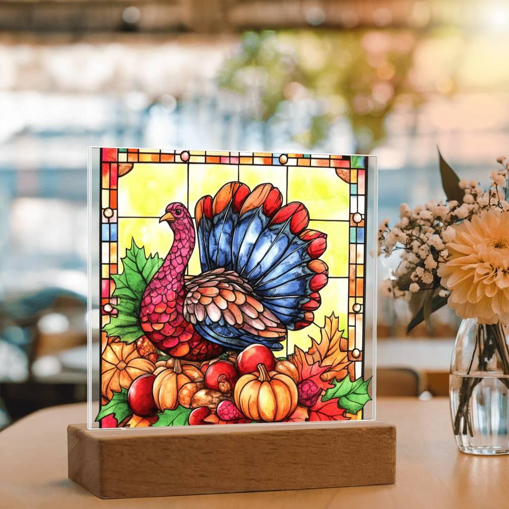 Thanksgiving Turkey Stained-glass Acrylic Square LED Lighted Wooden Base - Mallard Moon Gift Shop