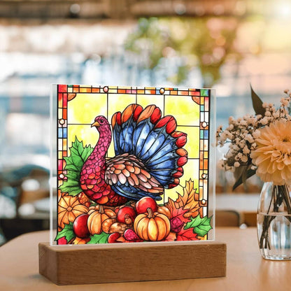 Thanksgiving Turkey Stained-glass Acrylic Square LED Lighted Wooden Base - Mallard Moon Gift Shop