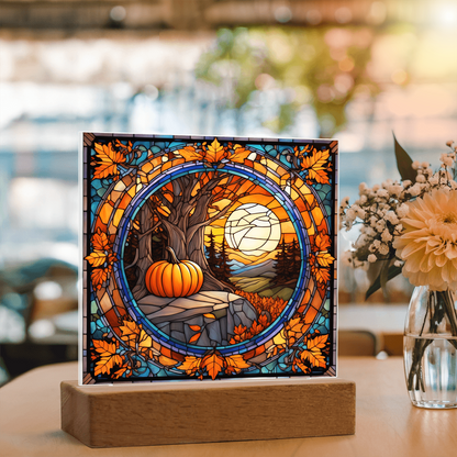 Stained Glass Autumn Pumpkin Sunset Acrylic Plaque – Fall Harvest Home Decor with LED Light Base | Thanksgiving Window Art Accent