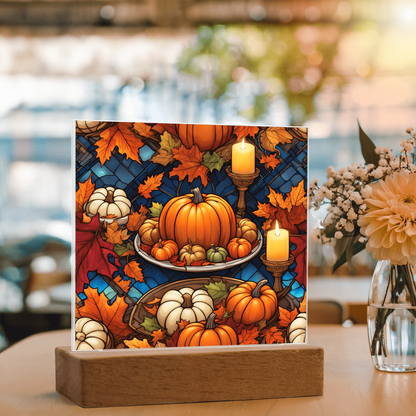 Stained Glass Pumpkin & Candle Acrylic Plaque – Thanksgiving Harvest Centerpiece | Fall Home Décor with LED Light Base