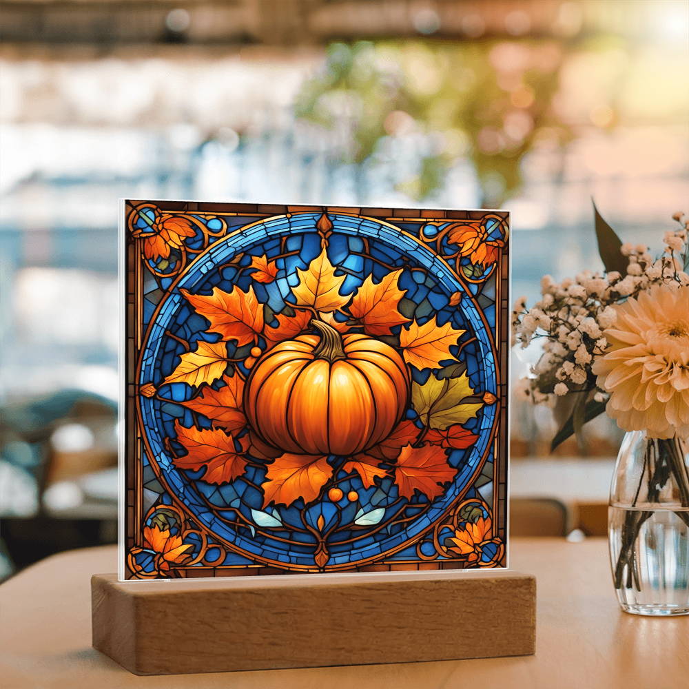 Stained Glass Pumpkin Acrylic Plaque – Elegant Thanksgiving Home Décor | Fall Harvest LED Light Display