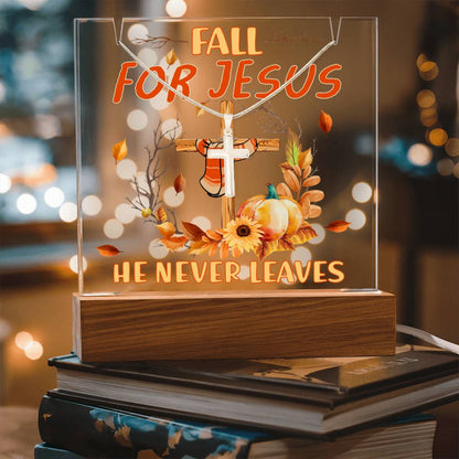 Fall For Jesus, He Never Leaves - Keepsake Acrylic Plaque with Artisan Cross Necklace - Mallard Moon Gift Shop