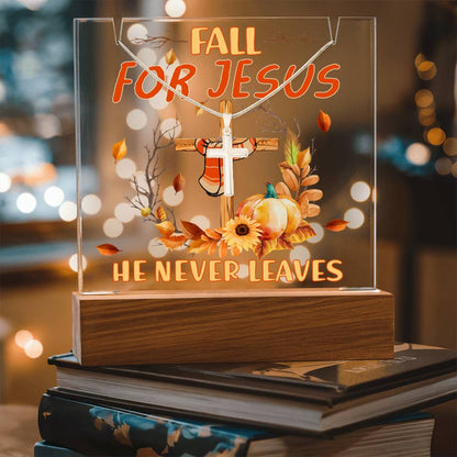 Fall For Jesus, He Never Leaves - Keepsake Acrylic Plaque with Artisan Cross Necklace - Mallard Moon Gift Shop