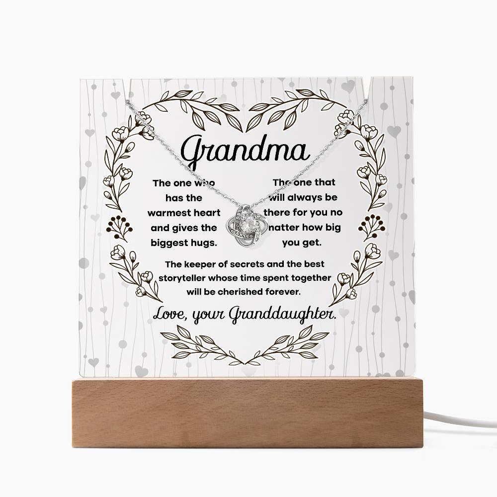 Grandmother - Biggest Hugs, The Keeper of Secrets - Keepsake Acrylic Plaque with Love Knot Necklace - Mallard Moon Gift Shop