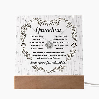 Grandmother - Biggest Hugs, The Keeper of Secrets - Keepsake Acrylic Plaque with Love Knot Necklace - Mallard Moon Gift Shop