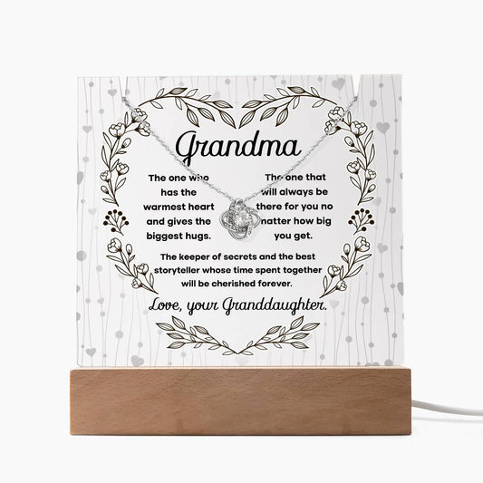 Grandmother - Biggest Hugs, The Keeper of Secrets - Keepsake Acrylic Plaque with Love Knot Necklace - Mallard Moon Gift Shop