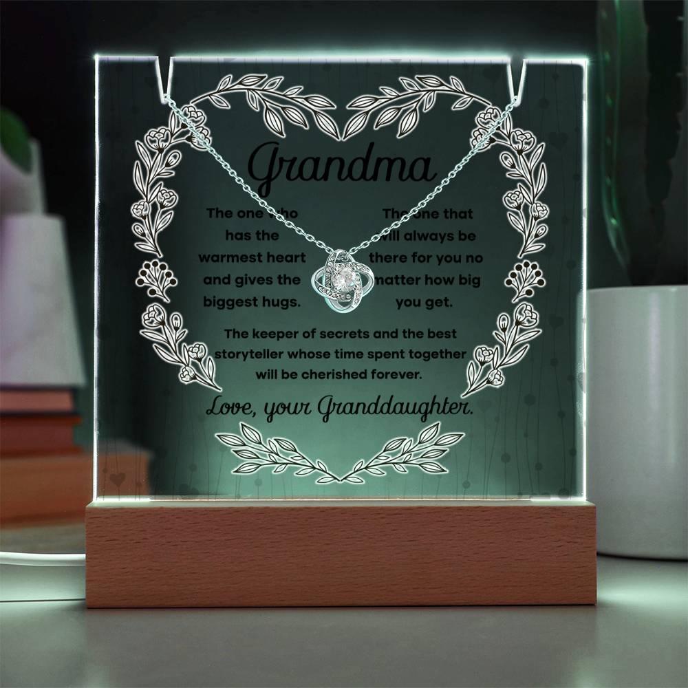 Grandmother - Biggest Hugs, The Keeper of Secrets - Keepsake Acrylic Plaque with Love Knot Necklace - Mallard Moon Gift Shop