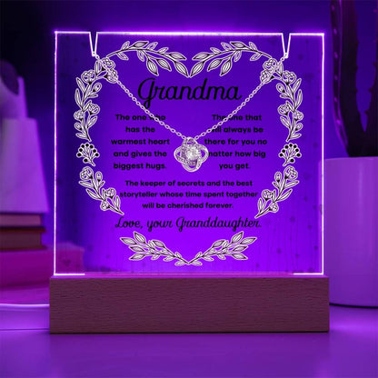 Grandmother - Biggest Hugs, The Keeper of Secrets - Keepsake Acrylic Plaque with Love Knot Necklace - Mallard Moon Gift Shop
