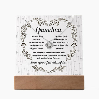 Grandmother - Biggest Hugs, The Keeper of Secrets - Keepsake Acrylic Plaque with Love Knot Necklace - Mallard Moon Gift Shop