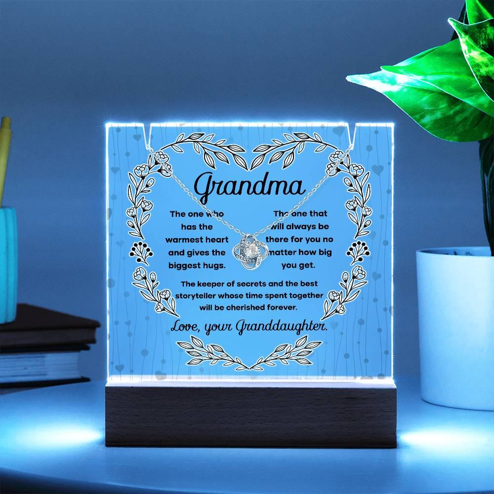 Grandmother - Biggest Hugs, The Keeper of Secrets - Keepsake Acrylic Plaque with Love Knot Necklace - Mallard Moon Gift Shop