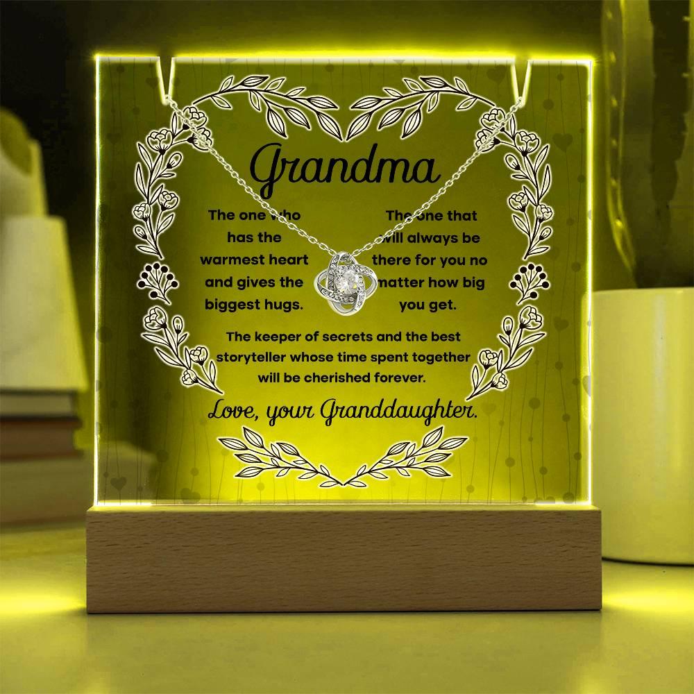 Grandmother - Biggest Hugs, The Keeper of Secrets - Keepsake Acrylic Plaque with Love Knot Necklace - Mallard Moon Gift Shop