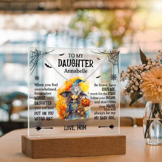 Daughter Halloween Little Witch Personalized Inspirational Acrylic Keepsake Plaque and Necklace - Mallard Moon Gift Shop