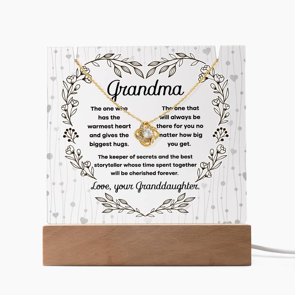 Grandmother - Biggest Hugs, The Keeper of Secrets - Keepsake Acrylic Plaque with Love Knot Necklace - Mallard Moon Gift Shop