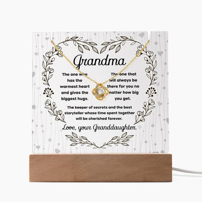 Grandmother - Biggest Hugs, The Keeper of Secrets - Keepsake Acrylic Plaque with Love Knot Necklace - Mallard Moon Gift Shop
