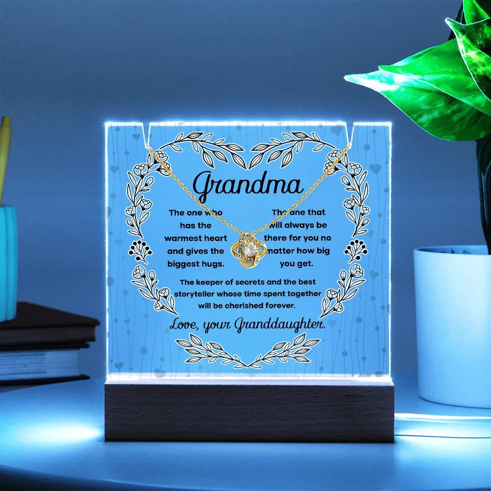 Grandmother - Biggest Hugs, The Keeper of Secrets - Keepsake Acrylic Plaque with Love Knot Necklace - Mallard Moon Gift Shop