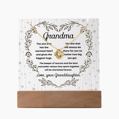 Grandmother - Biggest Hugs, The Keeper of Secrets - Keepsake Acrylic Plaque with Love Knot Necklace - Mallard Moon Gift Shop