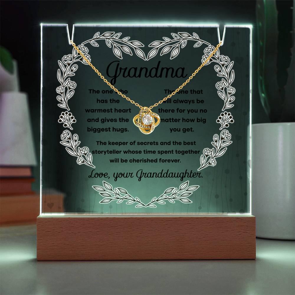 Grandmother - Biggest Hugs, The Keeper of Secrets - Keepsake Acrylic Plaque with Love Knot Necklace - Mallard Moon Gift Shop