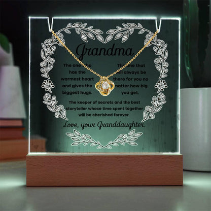 Grandmother - Biggest Hugs, The Keeper of Secrets - Keepsake Acrylic Plaque with Love Knot Necklace - Mallard Moon Gift Shop