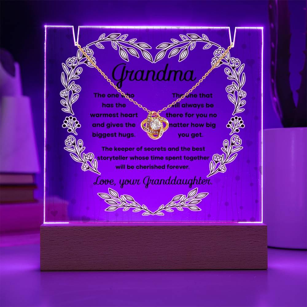 Grandmother - Biggest Hugs, The Keeper of Secrets - Keepsake Acrylic Plaque with Love Knot Necklace - Mallard Moon Gift Shop