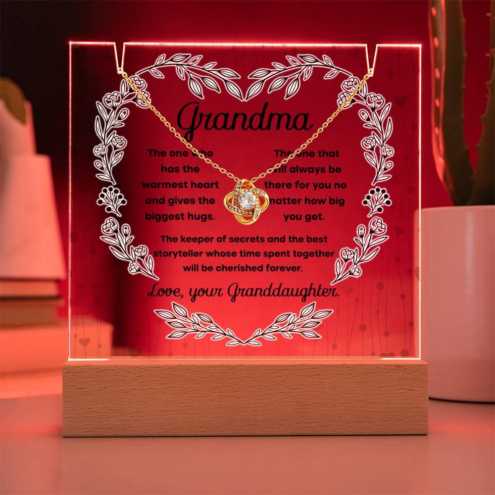 Grandmother - Biggest Hugs, The Keeper of Secrets - Keepsake Acrylic Plaque with Love Knot Necklace - Mallard Moon Gift Shop