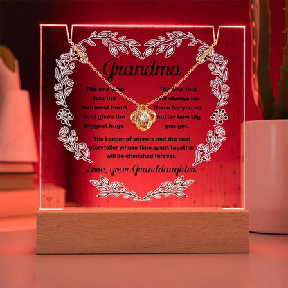 Grandmother - Biggest Hugs, The Keeper of Secrets - Keepsake Acrylic Plaque with Love Knot Necklace - Mallard Moon Gift Shop