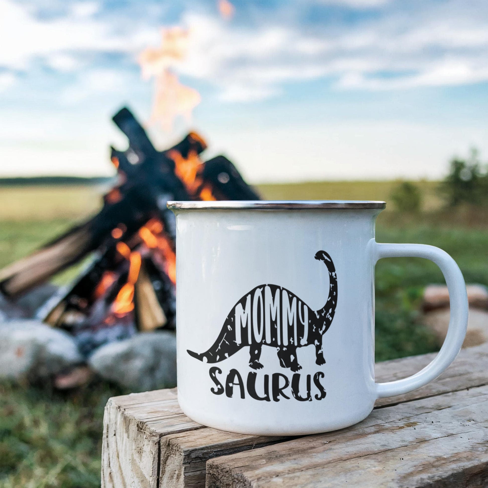 Mommy Saurus Camping Mug – Funny Dinosaur Gift for Mom – Enamel-Coated Stainless Steel Travel Cup - Mallard Moon Gift Shop