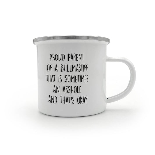 Funny Bullmastiff Parent Camping Mug – Proud Dog Owner Gift for Hikers, Campers, and Pet Lovers – 12oz Stainless Steel Enamel Travel Cup - Mallard Moon Gift Shop