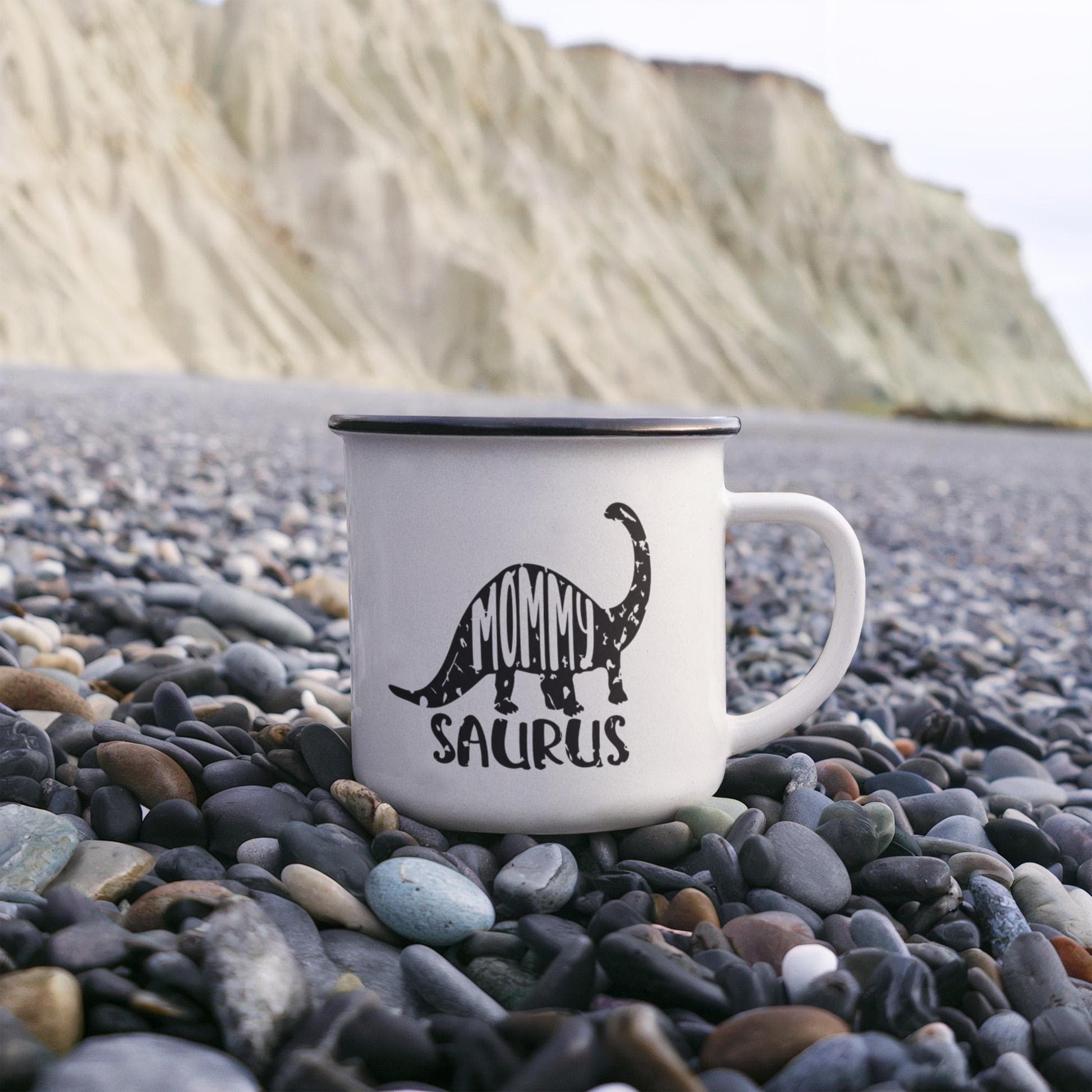 Mommy Saurus Camping Mug – Funny Dinosaur Gift for Mom – Enamel-Coated Stainless Steel Travel Cup - Mallard Moon Gift Shop