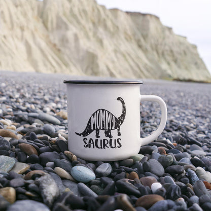 Mommy Saurus Camping Mug – Funny Dinosaur Gift for Mom – Enamel-Coated Stainless Steel Travel Cup - Mallard Moon Gift Shop
