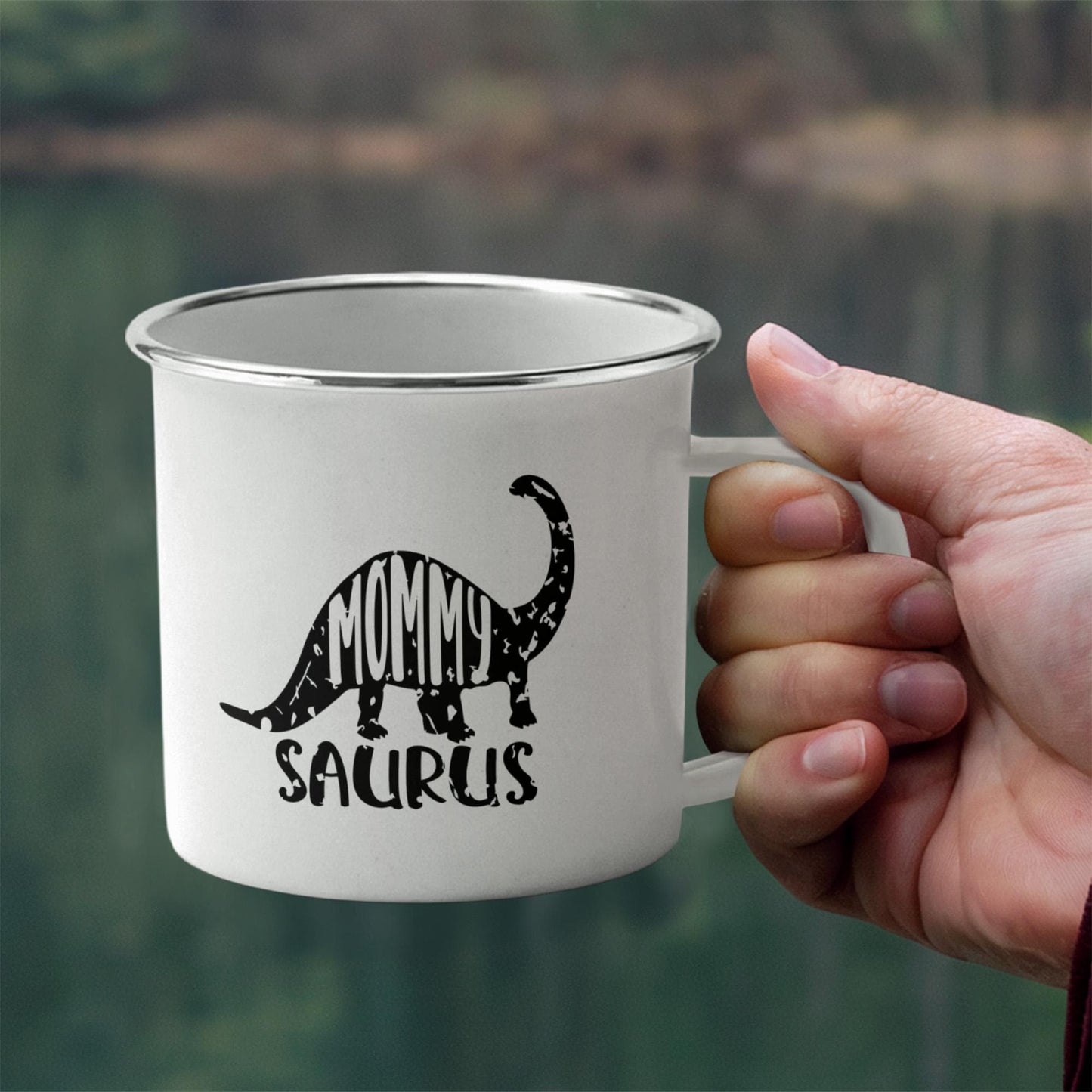 Mommy Saurus Camping Mug – Funny Dinosaur Gift for Mom – Enamel-Coated Stainless Steel Travel Cup - Mallard Moon Gift Shop