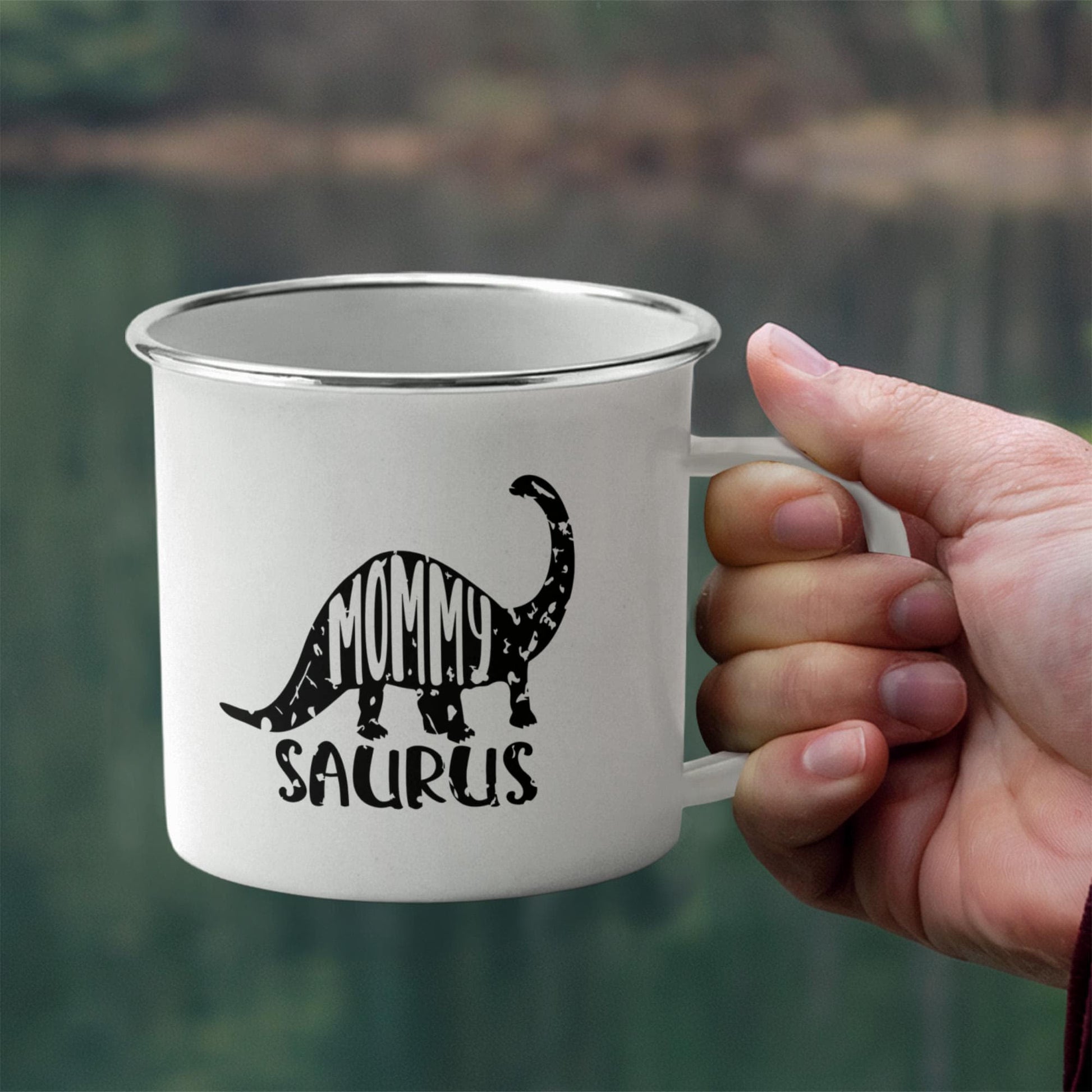 Mommy Saurus Camping Mug – Funny Dinosaur Gift for Mom – Enamel-Coated Stainless Steel Travel Cup - Mallard Moon Gift Shop
