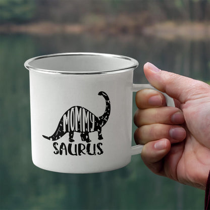 Mommy Saurus Camping Mug – Funny Dinosaur Gift for Mom – Enamel-Coated Stainless Steel Travel Cup - Mallard Moon Gift Shop