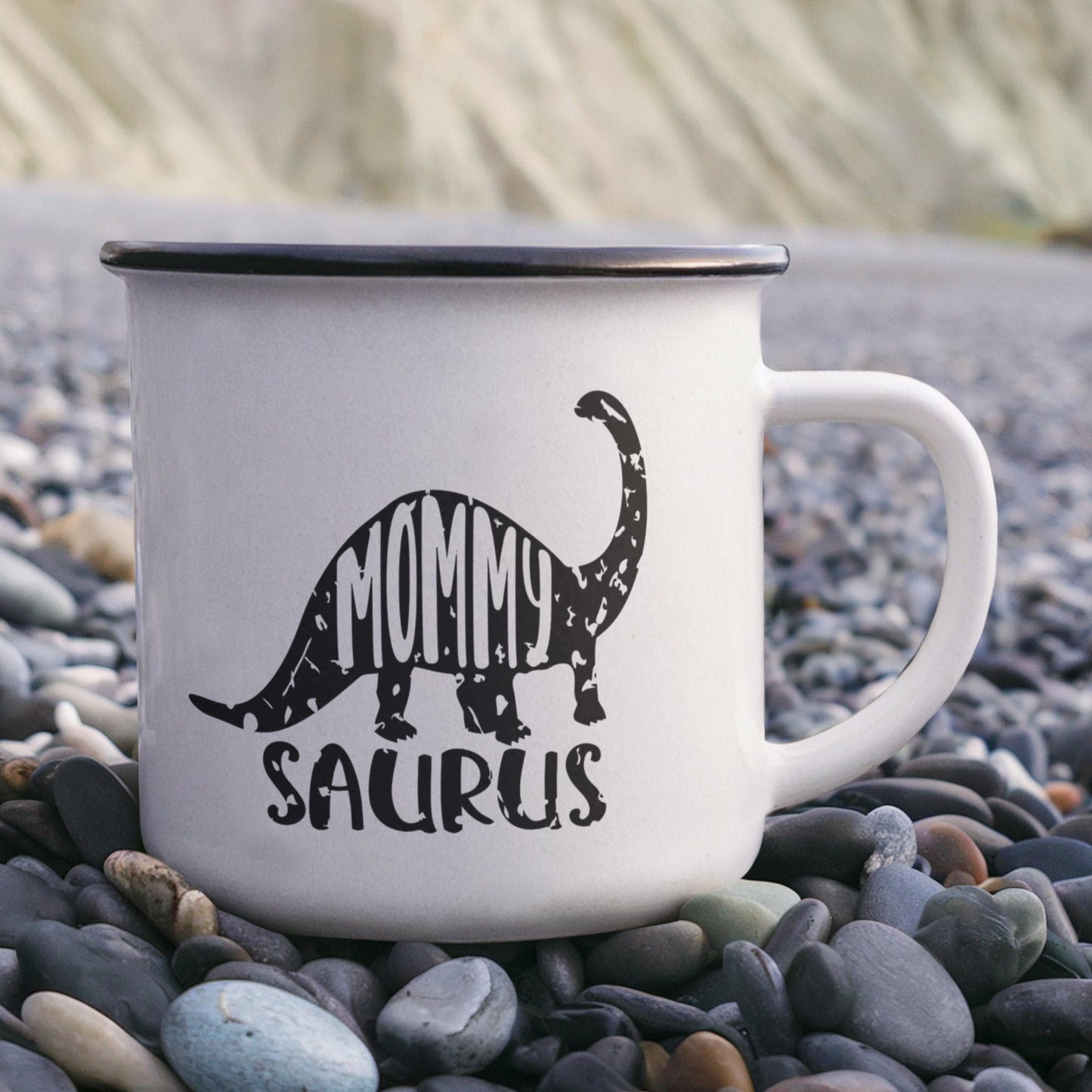 Mommy Saurus Camping Mug – Funny Dinosaur Gift for Mom – Enamel-Coated Stainless Steel Travel Cup - Mallard Moon Gift Shop