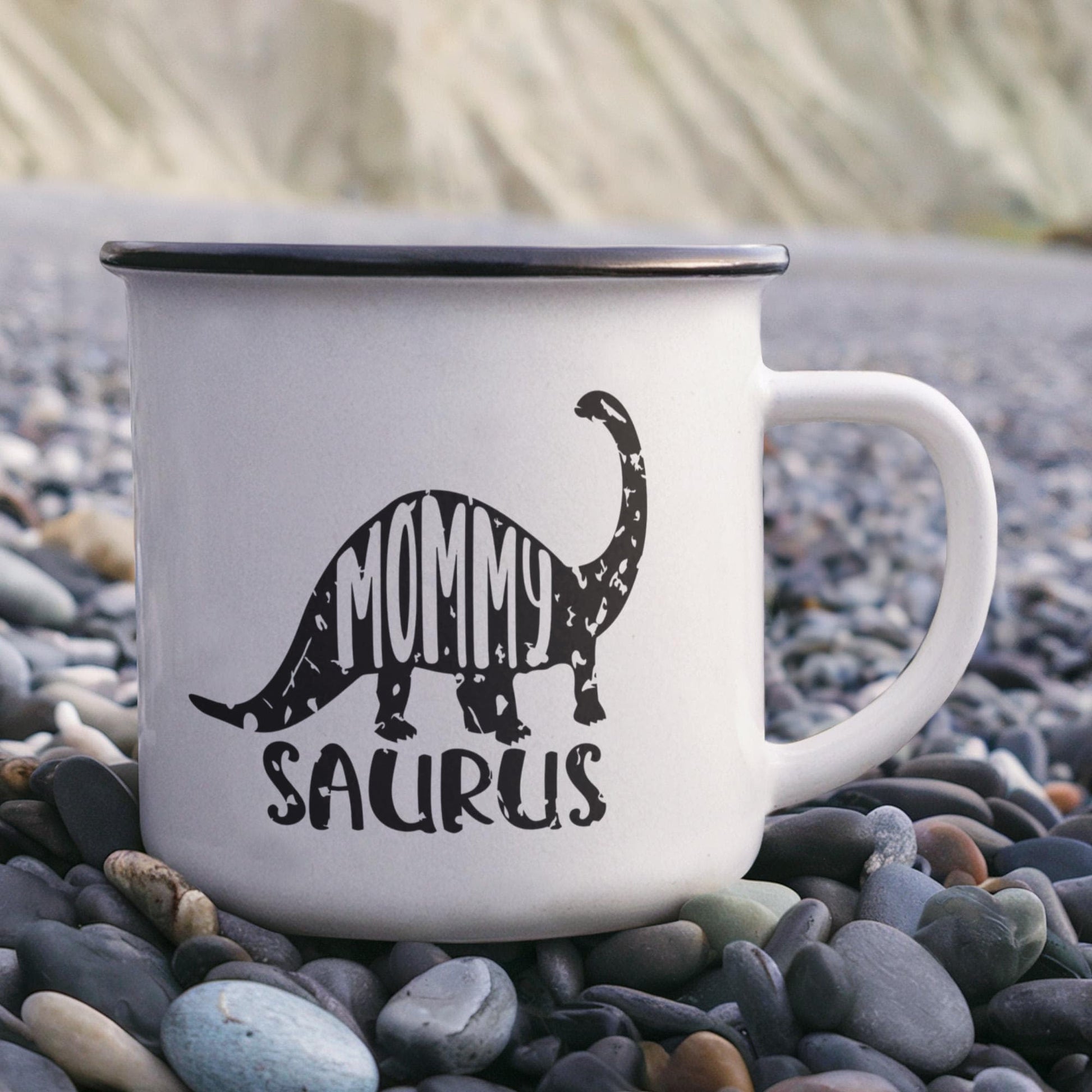 Mommy Saurus Camping Mug – Funny Dinosaur Gift for Mom – Enamel-Coated Stainless Steel Travel Cup - Mallard Moon Gift Shop