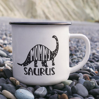 Mommy Saurus Camping Mug – Funny Dinosaur Gift for Mom – Enamel-Coated Stainless Steel Travel Cup - Mallard Moon Gift Shop