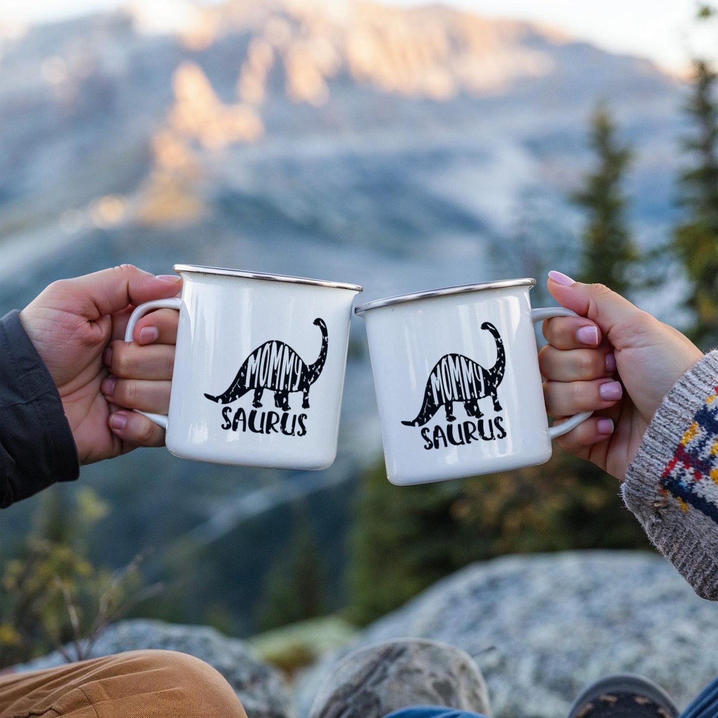 Mommy Saurus Camping Mug – Funny Dinosaur Gift for Mom – Enamel-Coated Stainless Steel Travel Cup - Mallard Moon Gift Shop