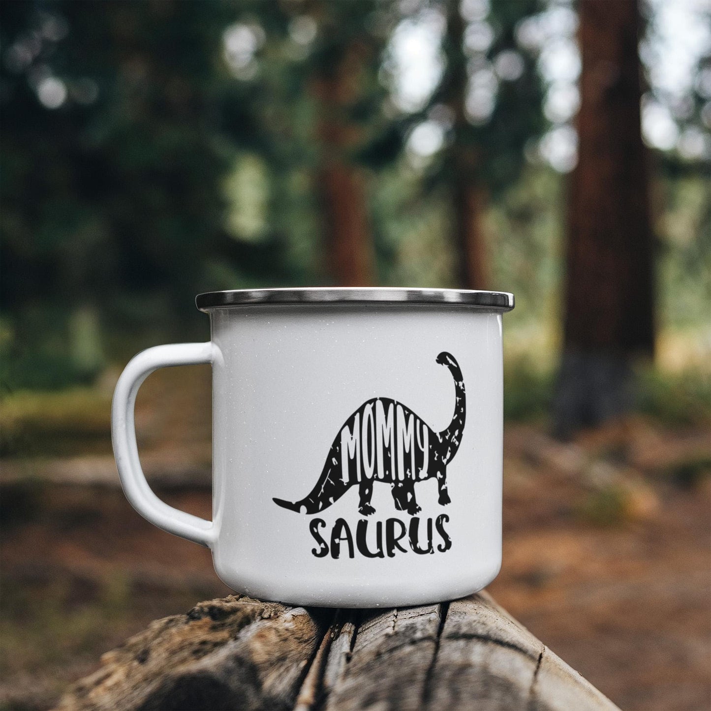 Mommy Saurus Camping Mug – Funny Dinosaur Gift for Mom – Enamel-Coated Stainless Steel Travel Cup - Mallard Moon Gift Shop