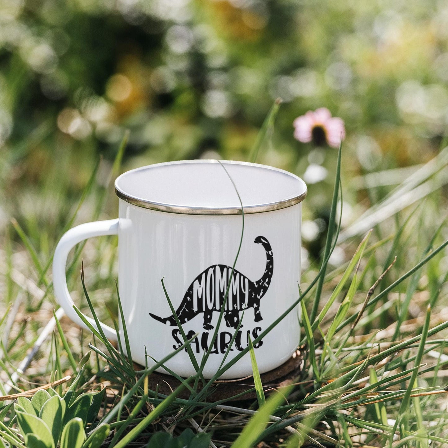 Mommy Saurus Camping Mug – Funny Dinosaur Gift for Mom – Enamel-Coated Stainless Steel Travel Cup - Mallard Moon Gift Shop