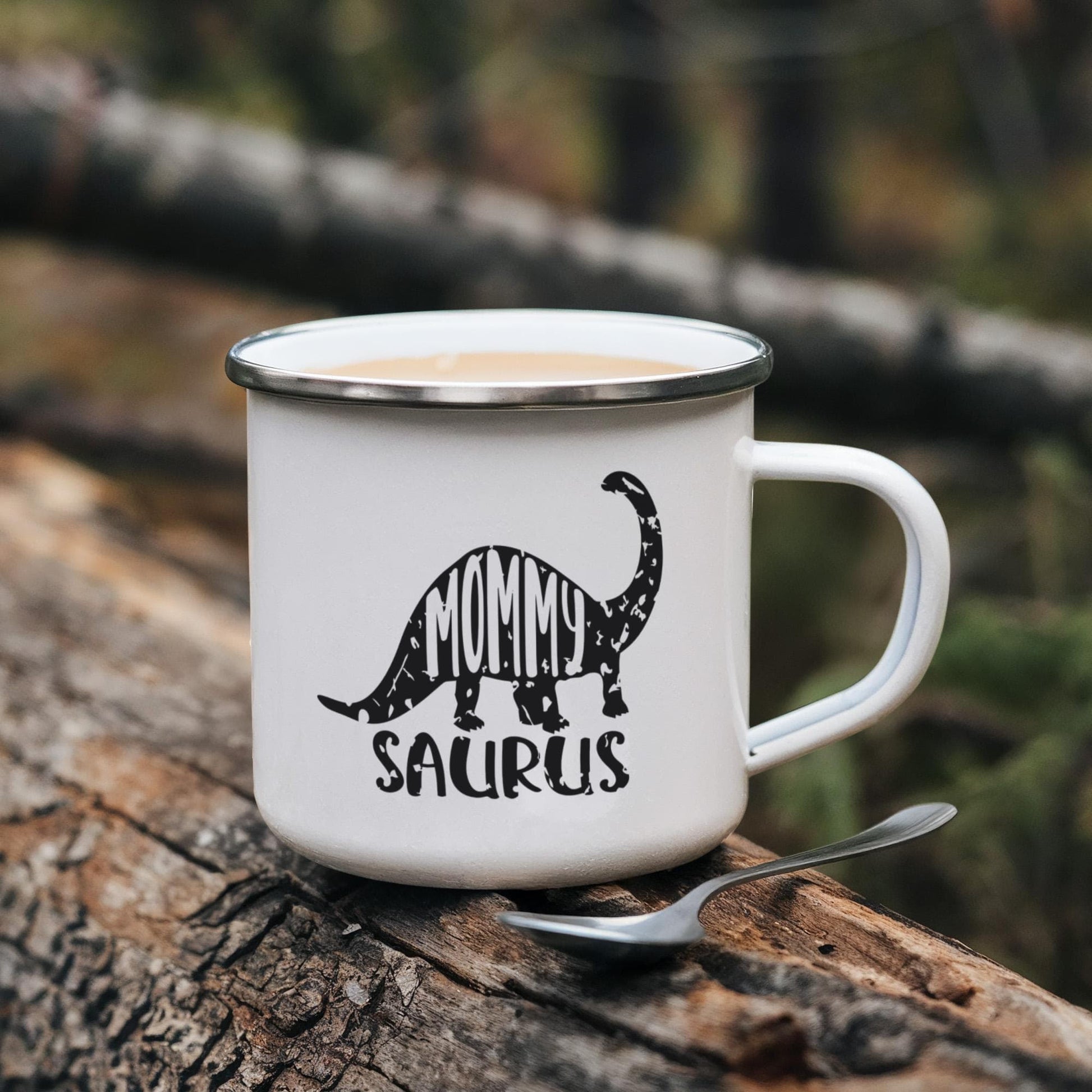 Mommy Saurus Camping Mug – Funny Dinosaur Gift for Mom – Enamel-Coated Stainless Steel Travel Cup - Mallard Moon Gift Shop