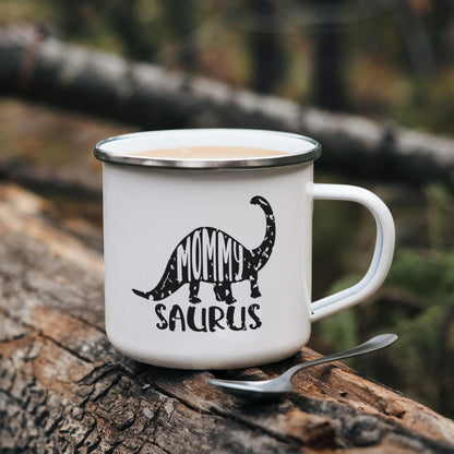 Mommy Saurus Camping Mug – Funny Dinosaur Gift for Mom – Enamel-Coated Stainless Steel Travel Cup - Mallard Moon Gift Shop