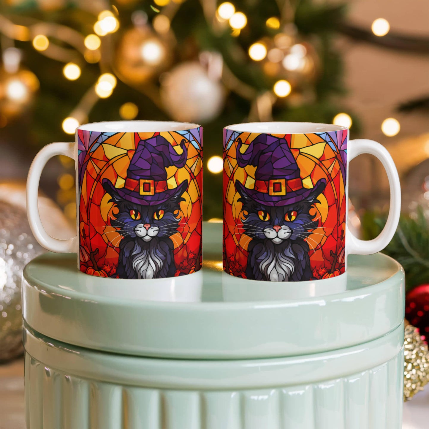 Halloween Black Cat Witch Stained Glass Mug – Spooky Fall Coffee Cup for Cat Lovers | Mallard Moon Gift Shop - Mallard Moon